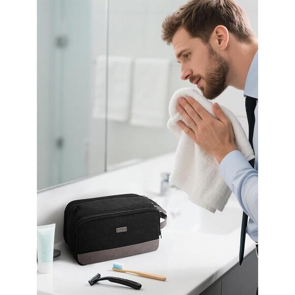 WANDF Toiletry Bag Men Large Travel Organizer Canvas Leather Dopp Kit Black - Picture 2 of 7